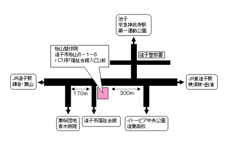 桜山整体院と周辺の道路・バス停を示した案内図